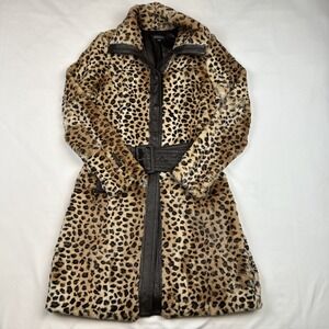 VTG BEBE Rabbit Fur Coat Leopard Dyed Leather Jacket Sz M Y2K Belted Mob Wife